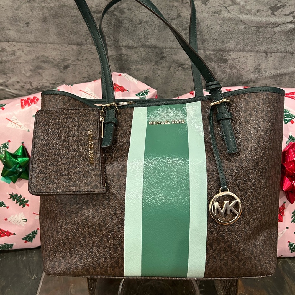 Michael Kors Brown and Green Stripe Tote